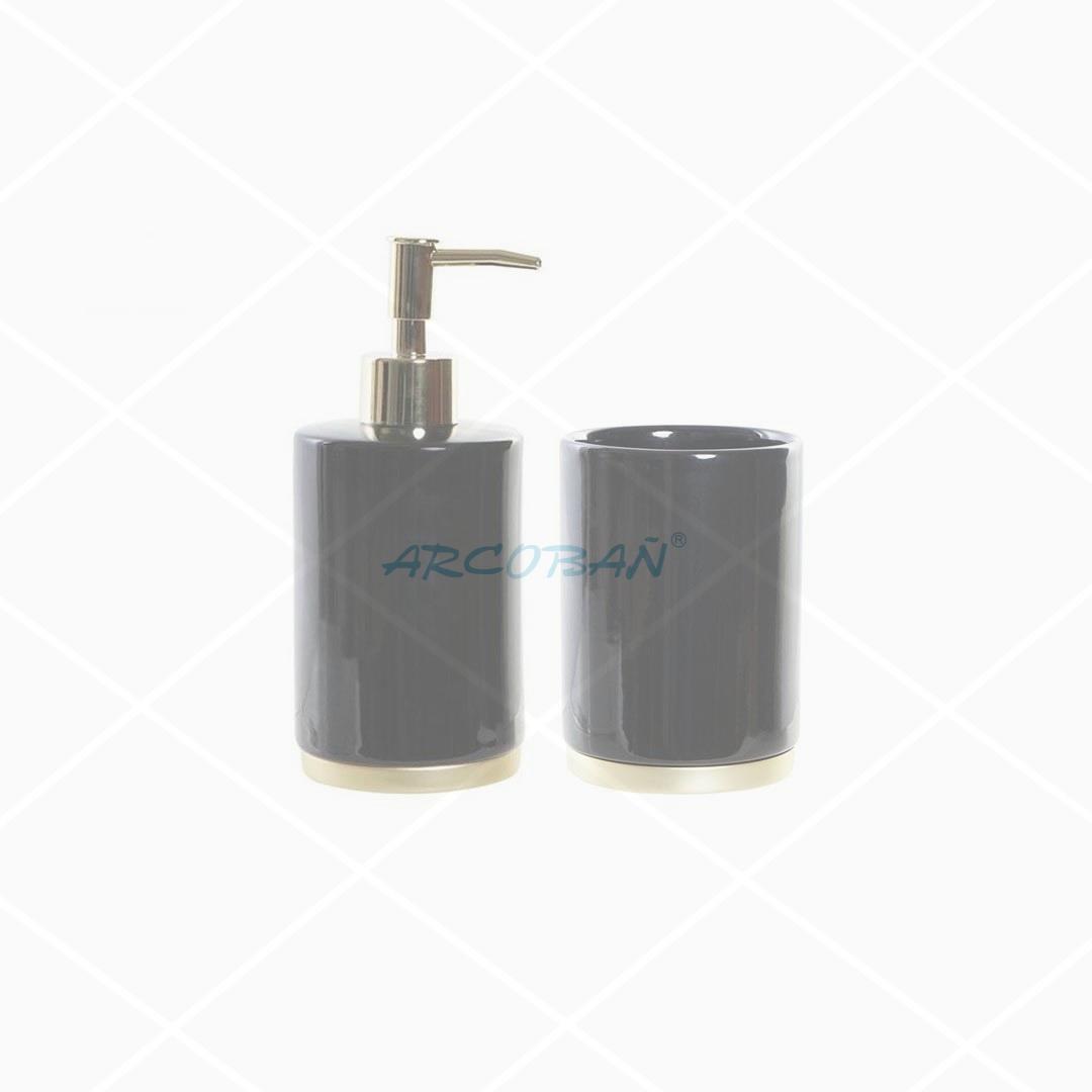 Set dosificador + vaso negro oro Turín SET DOSIFICADOR/DISPENSADOR JABÓN + VASO GRES NEGRO TURÍN - Imagen 1
