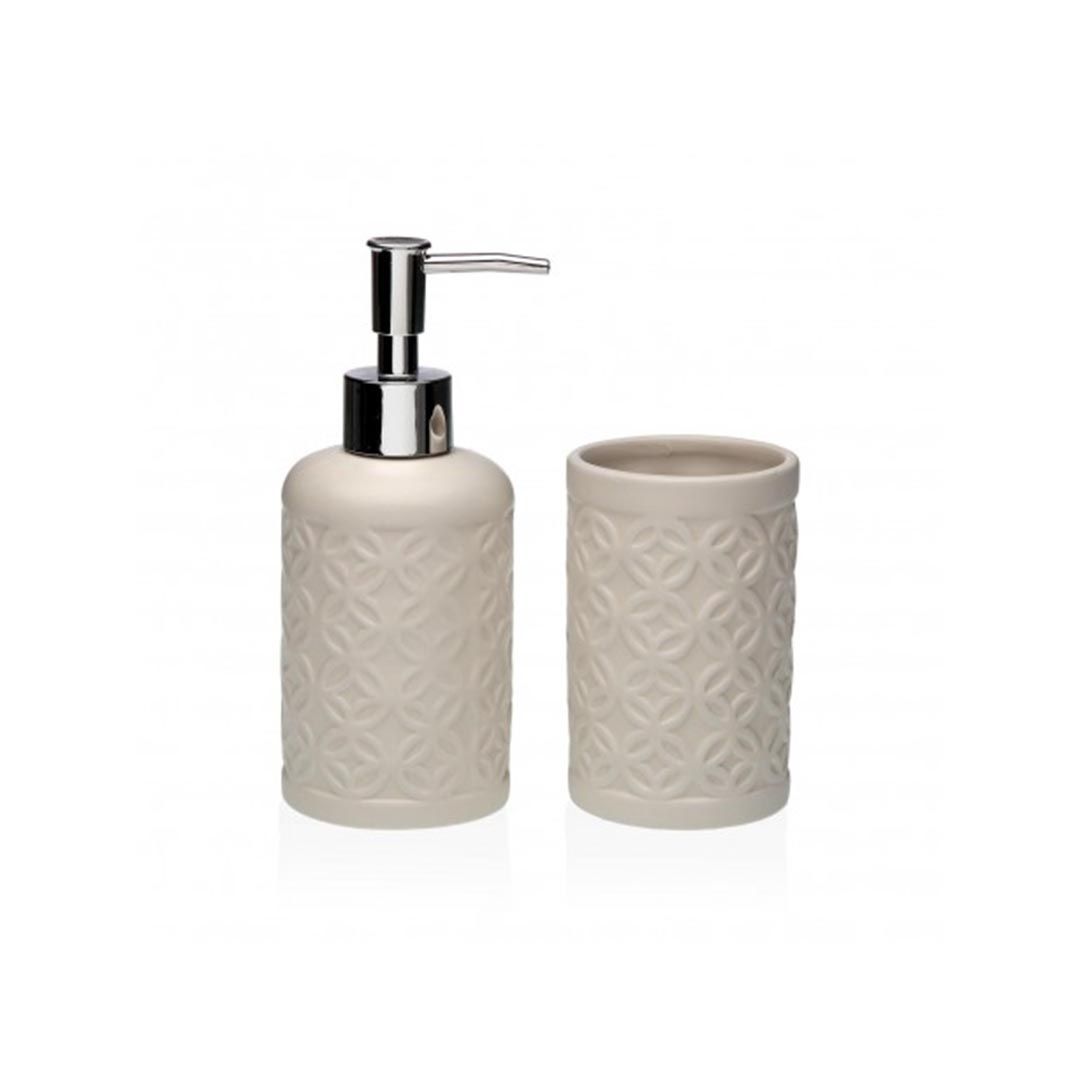 Lote dispensador jabón + vaso Toledo beige