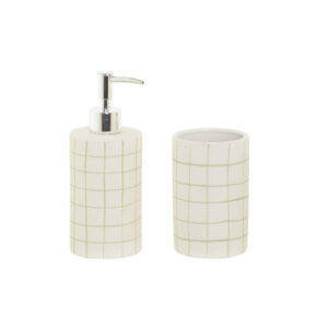 SET DISPENSADOR/DOSIFICADOR JABÓN + VASO BLANCO/VERDE BARCELONA